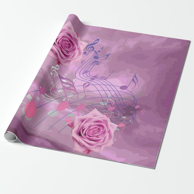 Pink Music Notes & Roses Wrapping Paper (Unrolled)