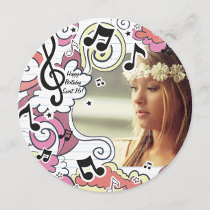 Pink Music Notes Round Photo Invitation