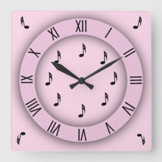 Pink Music Notes with Roman Numerals Square Wall Clock