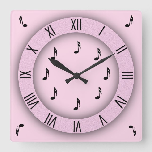 Pink Music Notes with Roman Numerals Square Wall Clock (Front)
