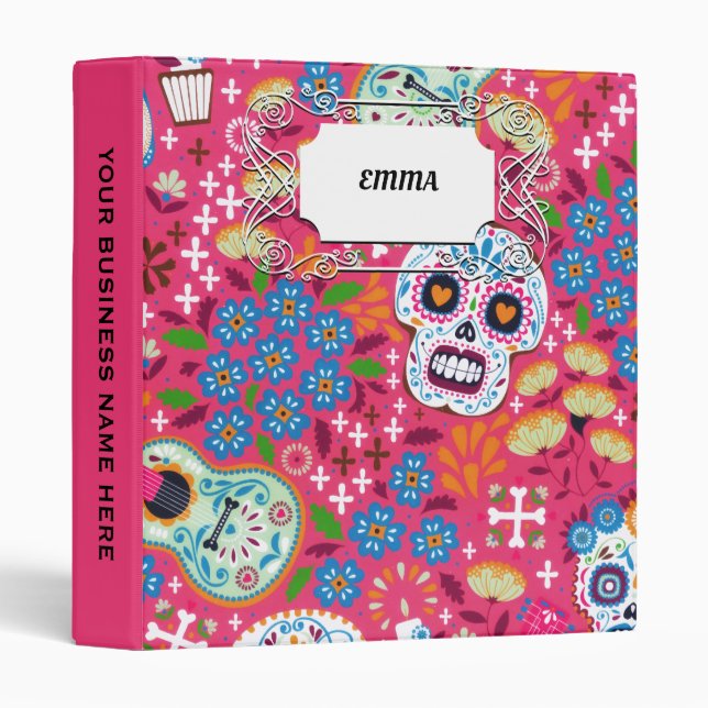 Pink Music Rock Skull Floral Garden 3 Ring Binder (Front/Spine)