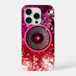Pink music speaker and paint splatters iPhone 15 pro case