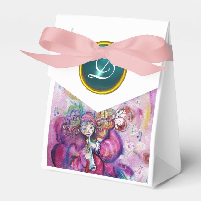 PINK MUSICAL CLOWN TEAL BLUE GEM STONE MONOGRAM FAVOR BOXES (Front Side)