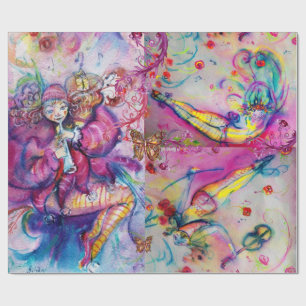 PINK MUSICAL CLOWNS ,BUTTERFLİES AND FLORAL SWIRLS WRAPPING PAPER