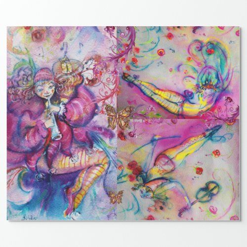 PINK MUSICAL CLOWNS BUTTERFLİES AND FLORAL SWIRLS WRAPPING PAPER