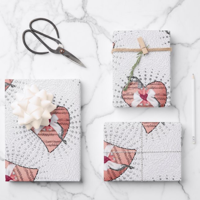 Pink Musical Note Hearts Wrapping Paper Sheets (Front)