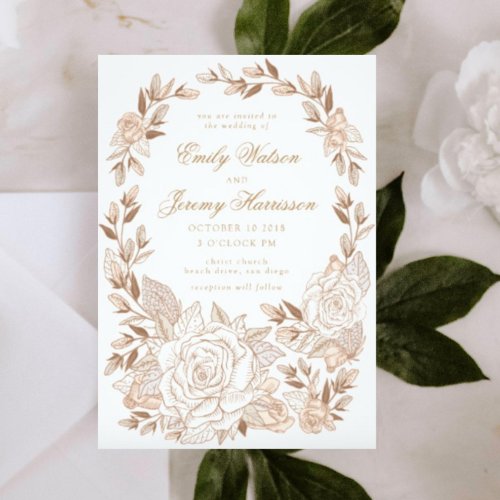 Pink Musk Rose Crown Vintage Wedding Invitation