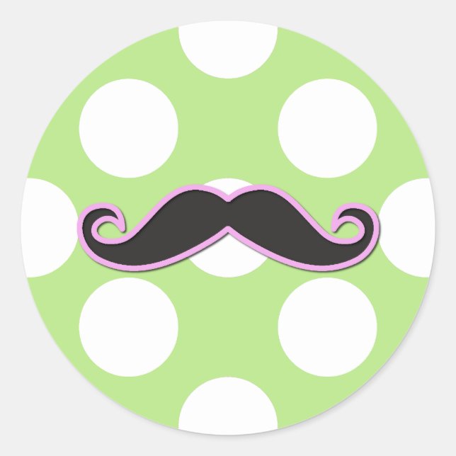 Pink Mustache, Curl Mustache, Stache, Polka Dots Classic Round Sticker (Front)