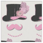 Pink Mustache, Hat, Flowers and Pearls Novelty Fabric