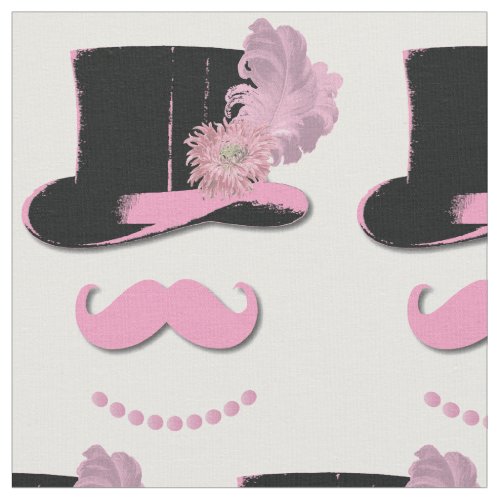 Pink Mustache Hat Flowers and Pearls Novelty Fabric
