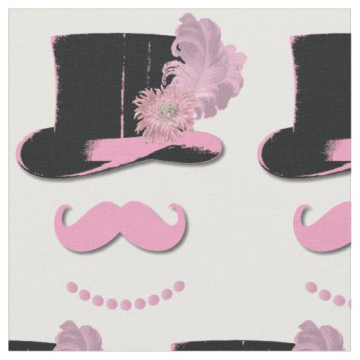 Pink Mustache, Hat, Flowers and Pearls Novelty Fabric