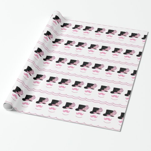 Pink Mustache Top Hat and Pearls Wrapping Paper