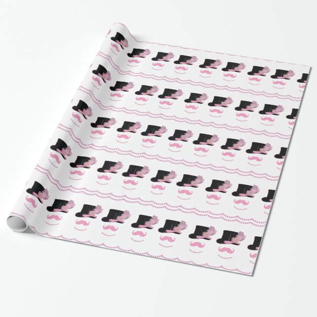 Pink Mustache, Top Hat and Pearls Wrapping Paper (Unrolled)