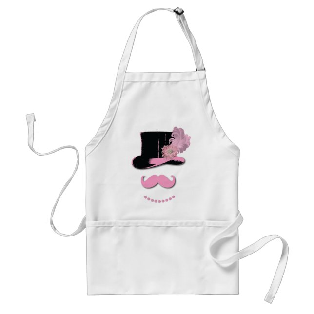 Pink mustache, top hat, feathers, and flower adult apron (Front)