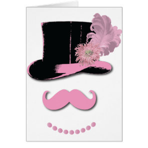 Pink mustache, top hat, feathers, and flower cards