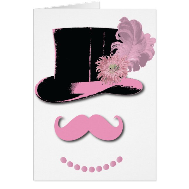 Pink mustache, top hat, feathers, and flower cards (Front)
