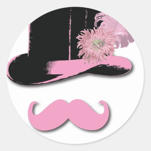 Pink mustache top hat feathers and flower classic round sticker