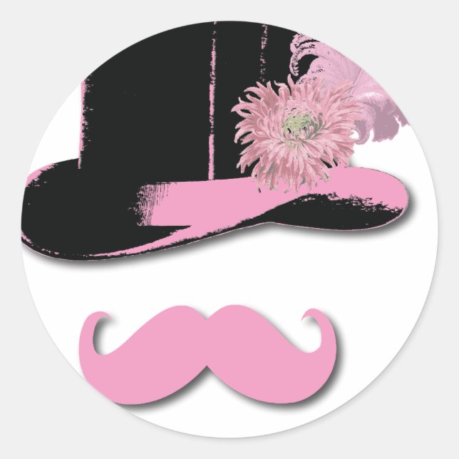 Pink mustache, top hat, feathers, and flower classic round sticker (Front)