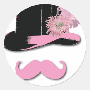 Pink mustache, top hat, feathers, and flower classic round sticker
