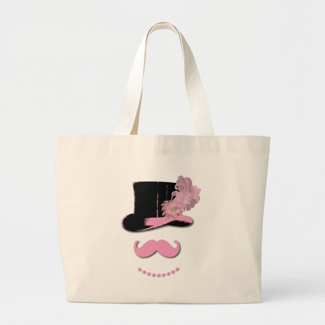 Pink mustache, top hat, feathers, and flower large tote bag (Front)