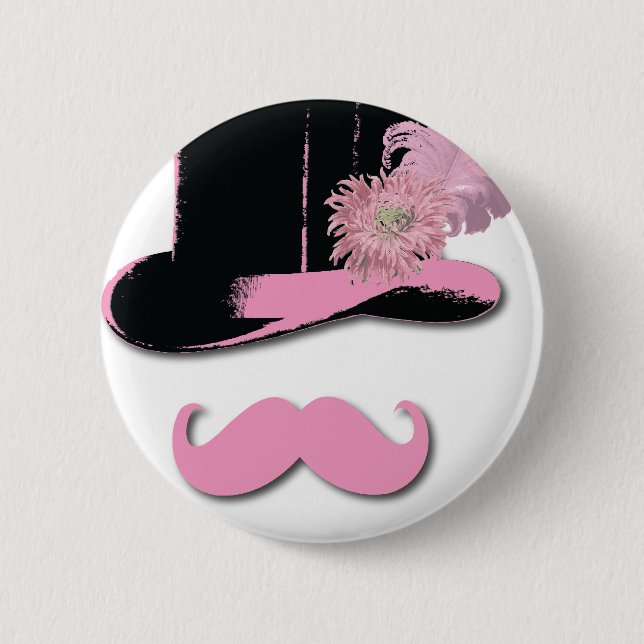 Pink mustache, top hat, feathers, and flower pinback button (Front)