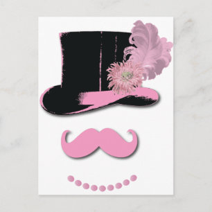 Pink mustache, top hat, feathers, and flower postcard