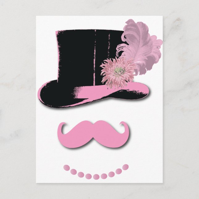 Pink mustache, top hat, feathers, and flower postcard (Front)