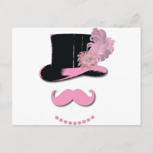 Pink mustache, top hat, feathers, and flower postcard