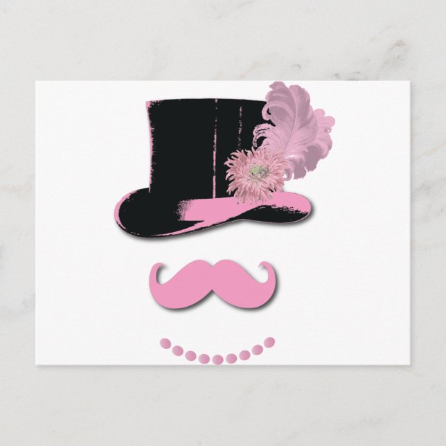 Pink mustache, top hat, feathers, and flower postcard (Front)