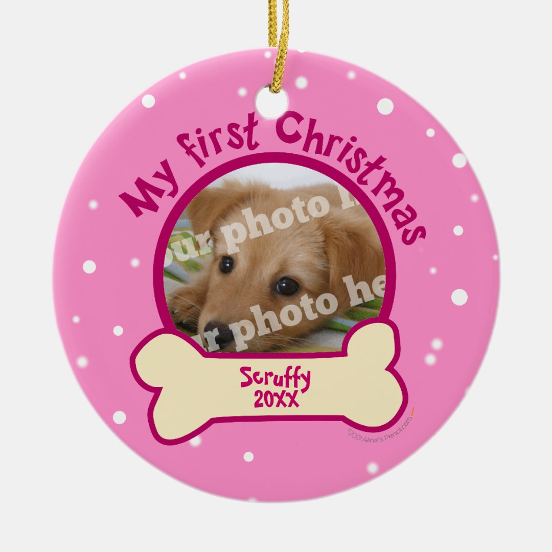 Pink My First Christmas Personalized Photo Dog Ceramic Ornament | Zazzle