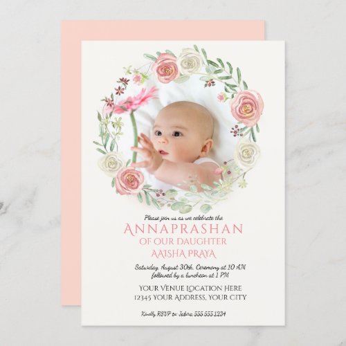Pink n Ivory Roses Wreath Annaprashan Baby Girl Invitation