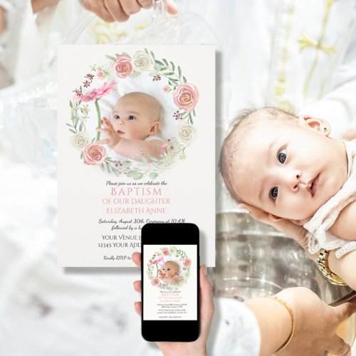 Pink n Ivory Roses Wreath Infant Baptism Baby Girl Invitation