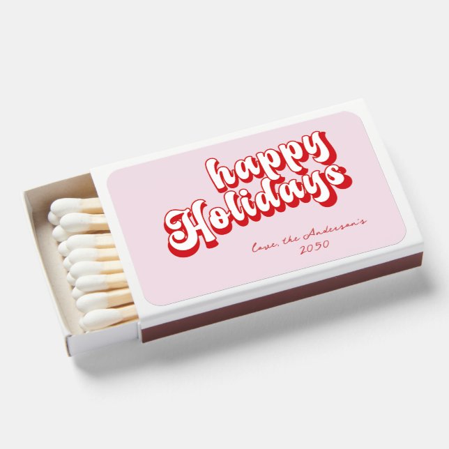 Pink n Red Retro Happy Holidays Matchboxes (Front Open)