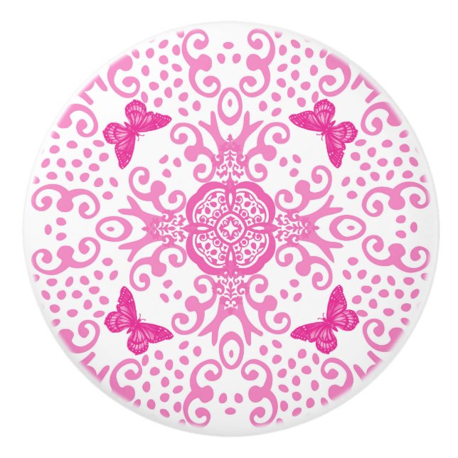 Pink n White Butterfly  Ceramic Knob (Front)