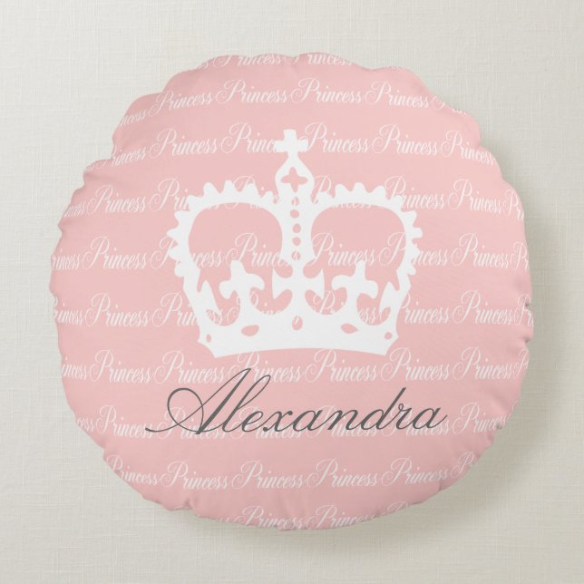 Pink-n-White Princess Custom Name Round Pillow (Front)