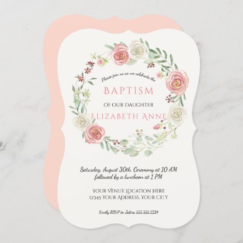 Pink n White Rose Wreath Infant Baptism Baby Girl Invitation