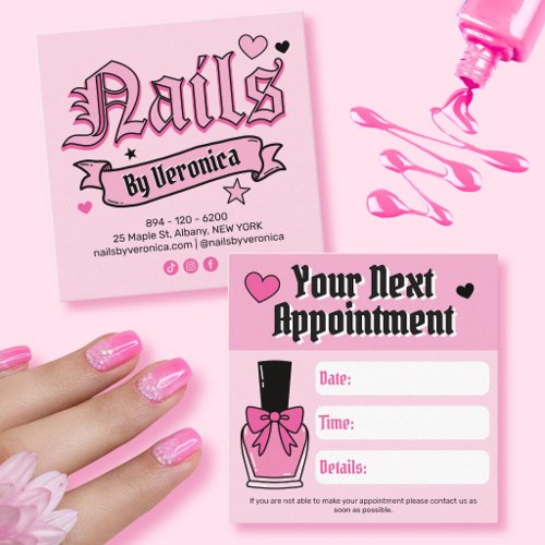Pink Nail Tech Gothic Lettering Edgy Square Appointment Card