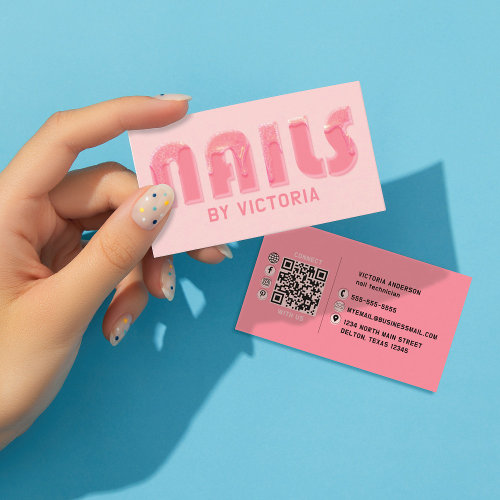 Pink Nails Glitter Drips Typography Nail Tech Business Card
