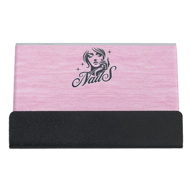 Pink Nails with QR Code Desk Business Card Holder (Front)