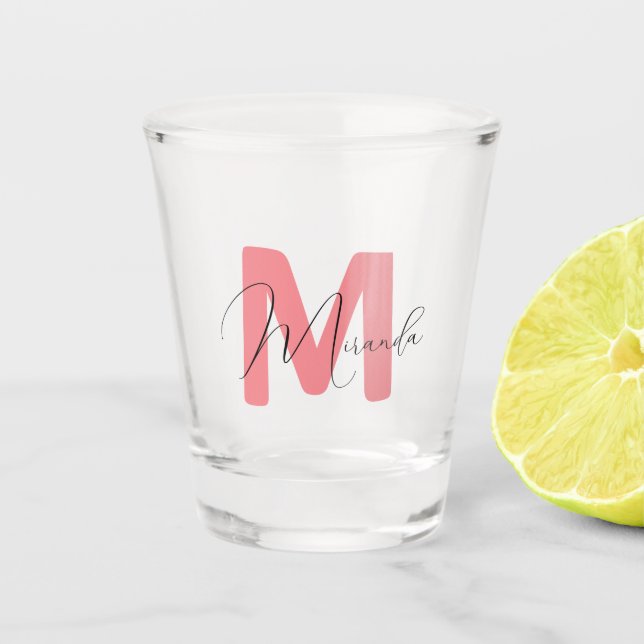 Pink, name and initial bachelorette shot glass (Front)