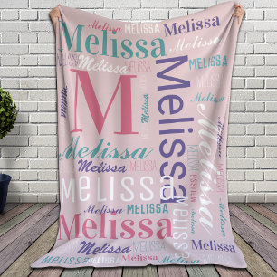 Pink Name and Monogram Cloud Word Art Sherpa Blanket