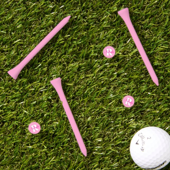 Pink name and white initial custom name golf tees (Grass Multi)