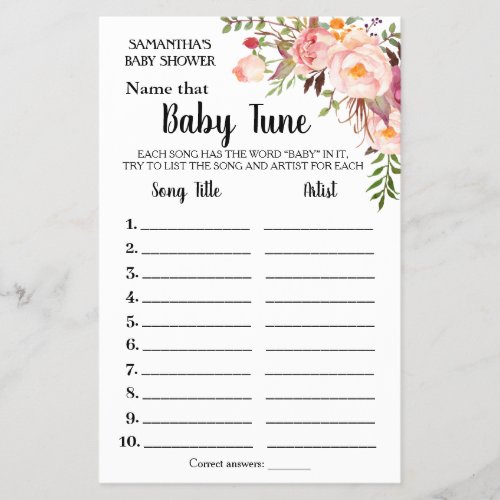 Pink Name Baby tune bilingual shower game card Flyer