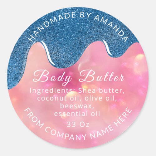 Pink Name Body Butter Drips Scrub  Blue Classic Round Sticker