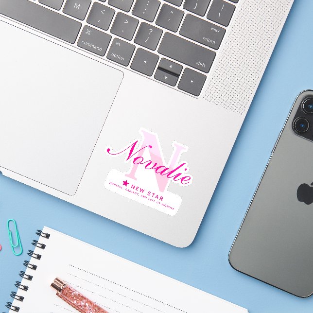 Pink name initial and name meaning Novalie Sticker (Laptop w/ iPhone)