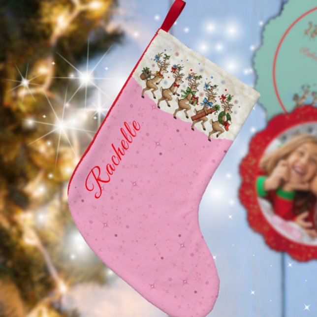 Pink Name Marching Quirky Christmas Reindeer  Small Christmas Stocking (Creator Uploaded)