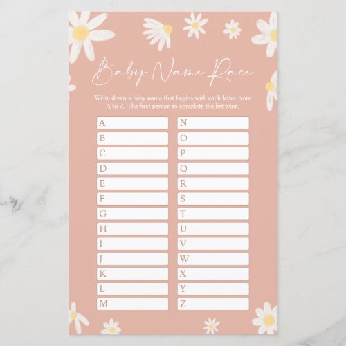 Pink Name Race Baby Shower Game card