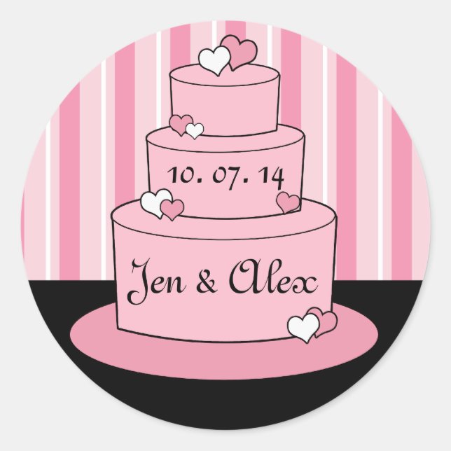 Pink Names Wedding Cake Box Favor Stickers (Front)