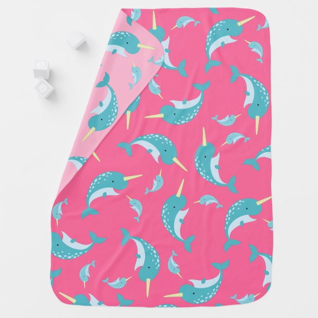 Pink Narwhal Baby Shower Blanket (In Situ)