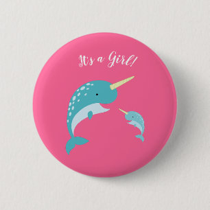 Pink Narwhal Baby Shower Button